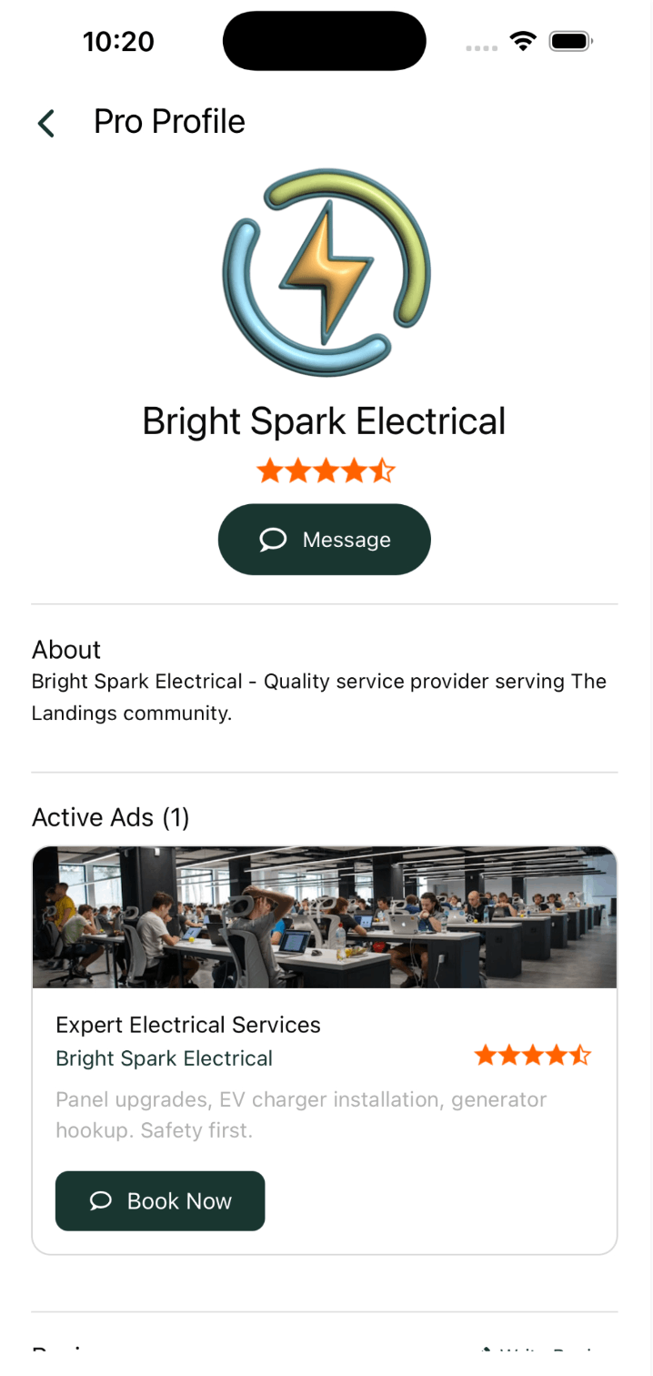 Contractor profile card showing verified badge, rating, reviews, past projects, and contact information