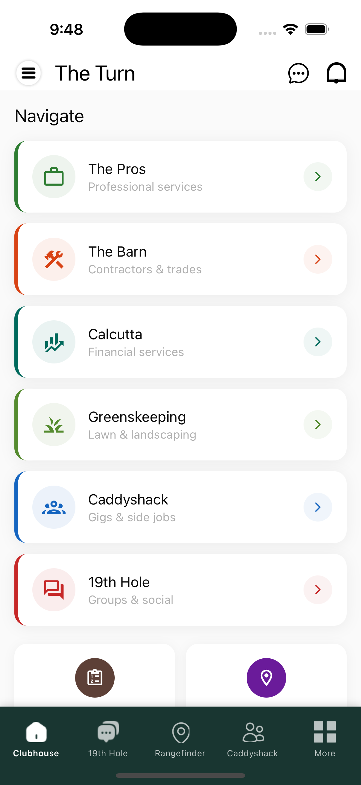 The Turn mobile app shown on iPhone - displaying the home screen with contractor listings, navigation menu, and community features